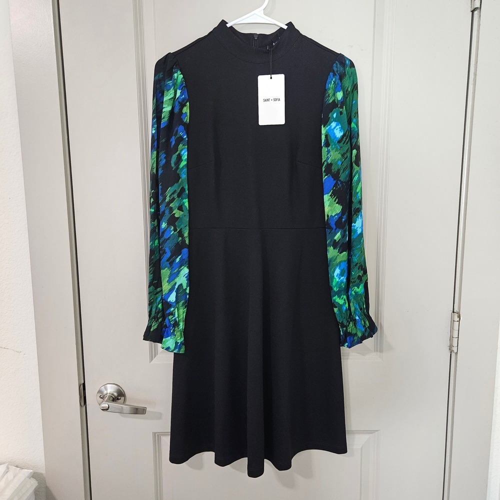 Saint + Sofia Penny Skater Dress Green Satellite Black Mock Neck NWT USA‎ 4